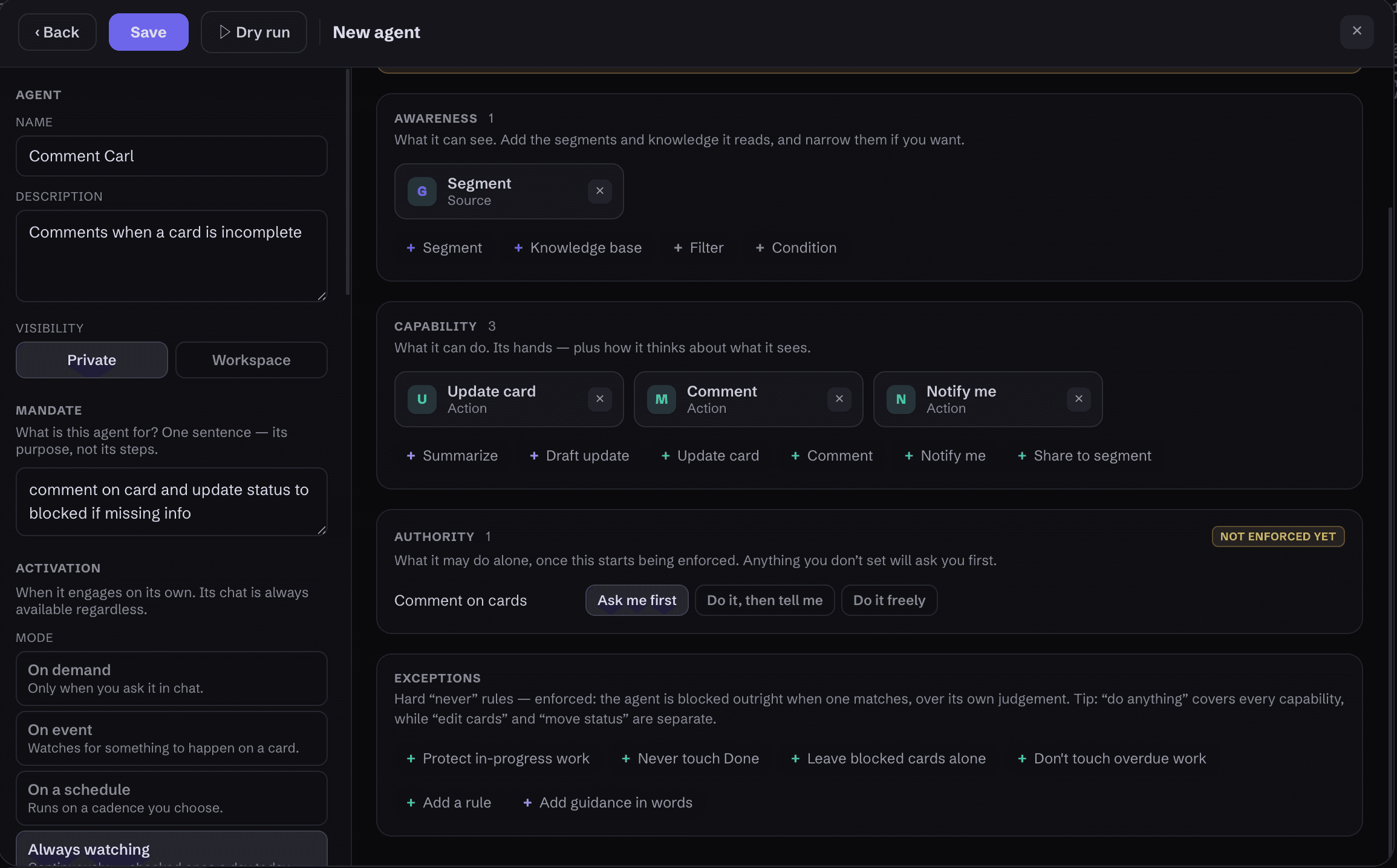 The Skallow agent profile builder with all four lanes visible: Awareness, Capability, Authority, Exceptions