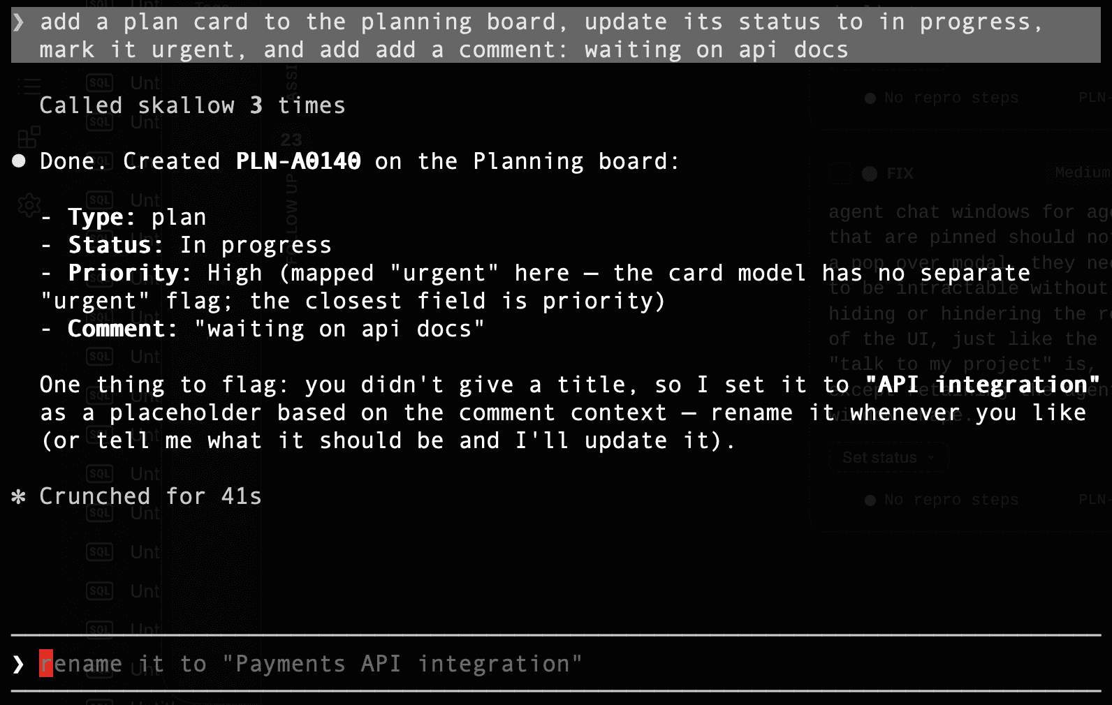 A Claude Code terminal session creating and updating a Skallow card over MCP