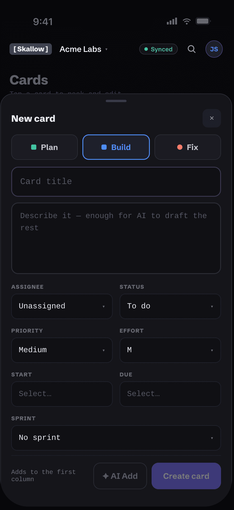 Creating a new card on Skallow mobile